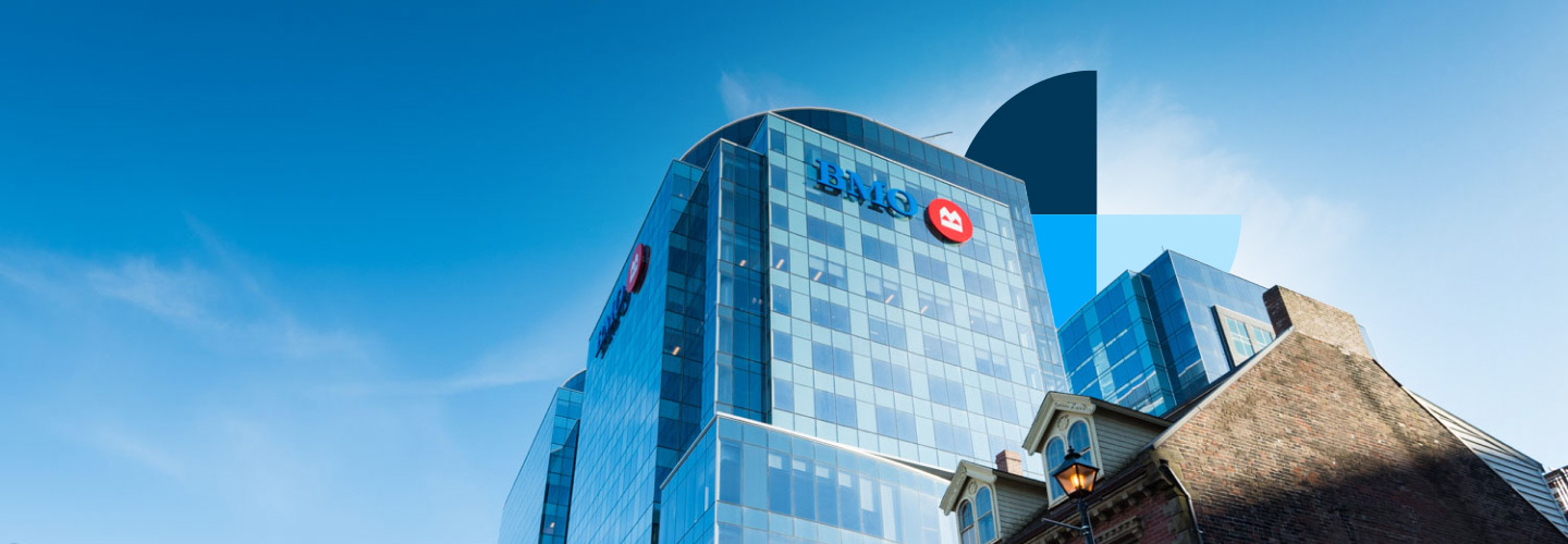 BMO office tower against a clear blue sky